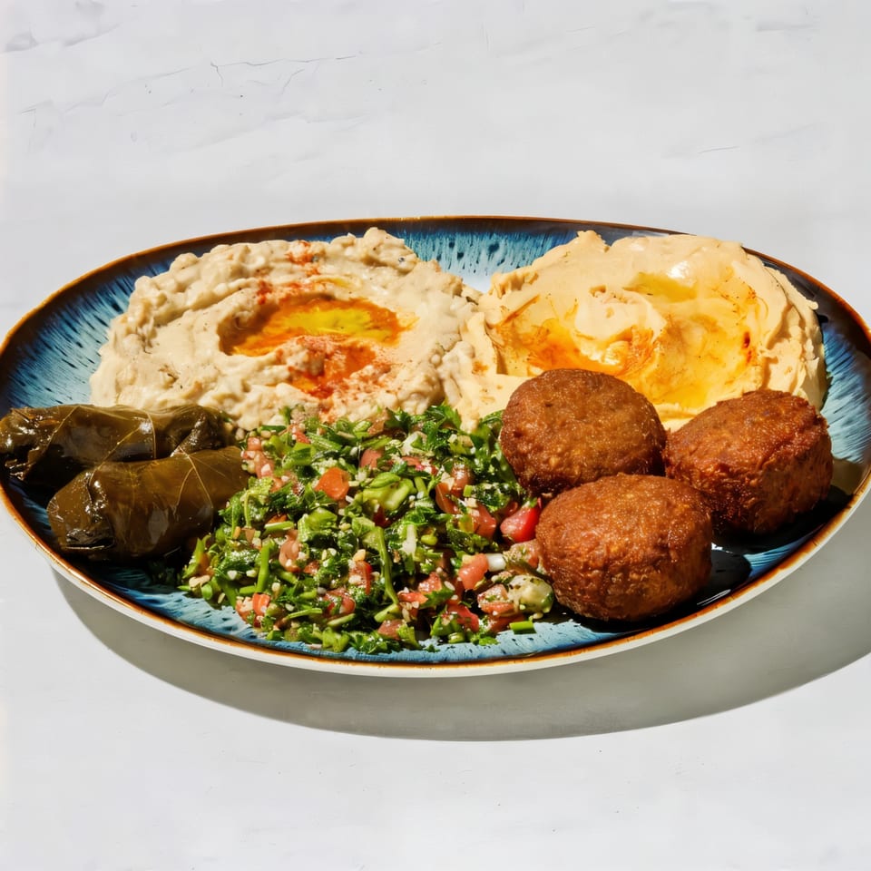A blue plate with two servings of hummus, falafel, stuffed grape leaves, and tabbouleh salad.