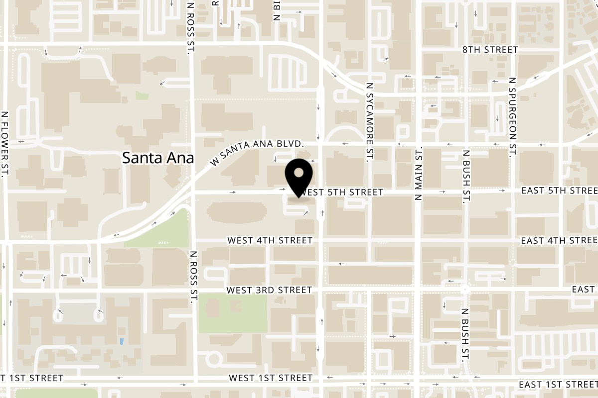 Map showing the location of The Green Olive Santa Ana on 318 W 5th St in Santa Ana