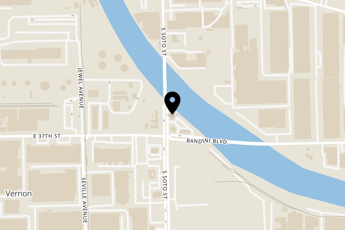 Map showing the location of The Green Olive Vernon on 3616 S Soto St in Huntington Park